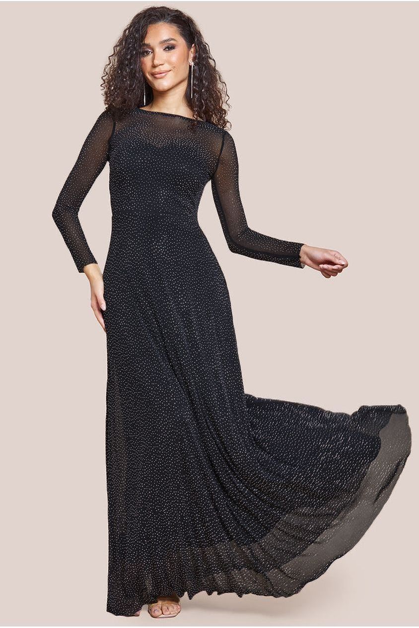 Goddiva Hotfix Diamante Mesh A-Line Long Sleeve Maxi Dress - Black