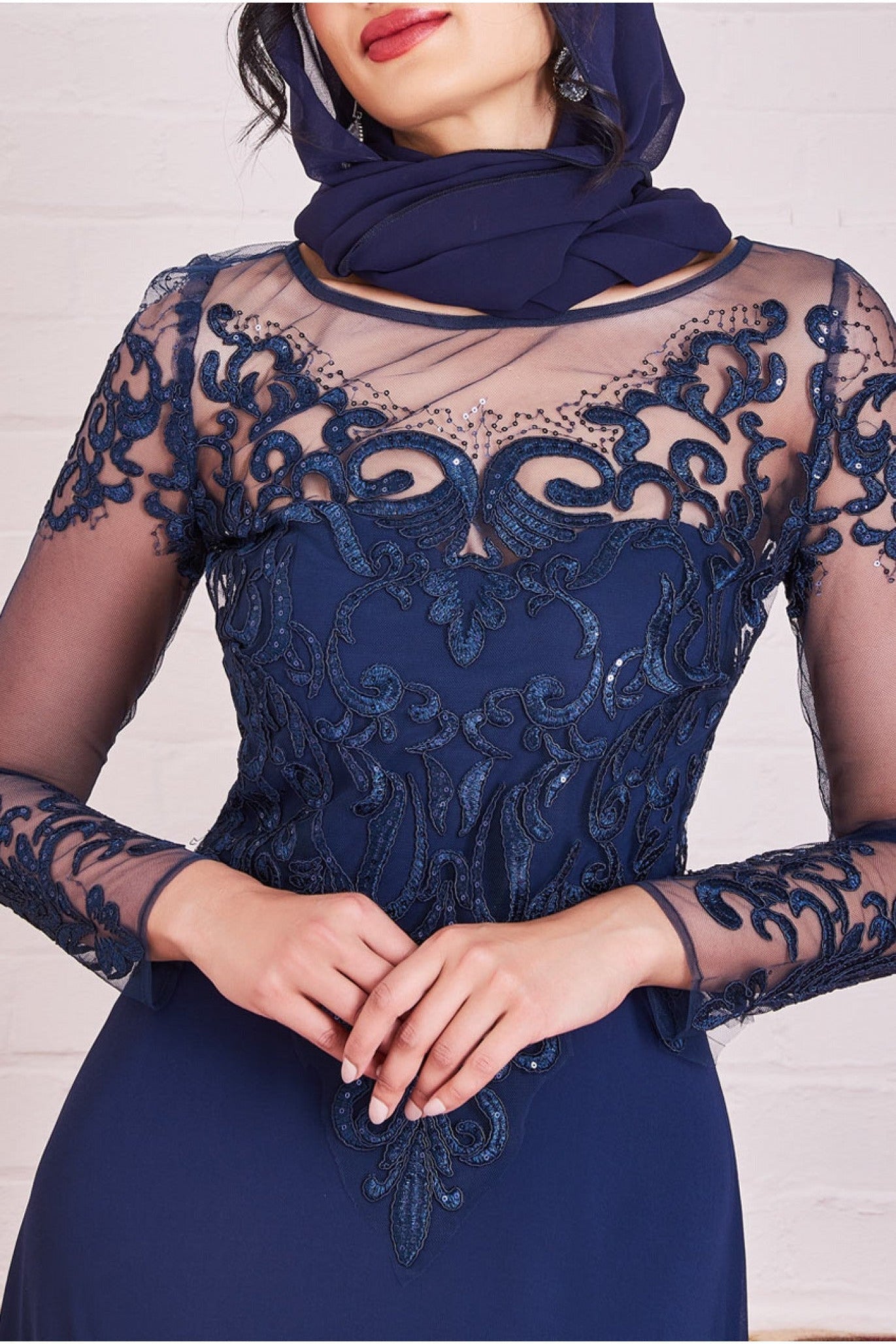 Goddiva Modesty Mesh & Lace Maxi Dress - Navy