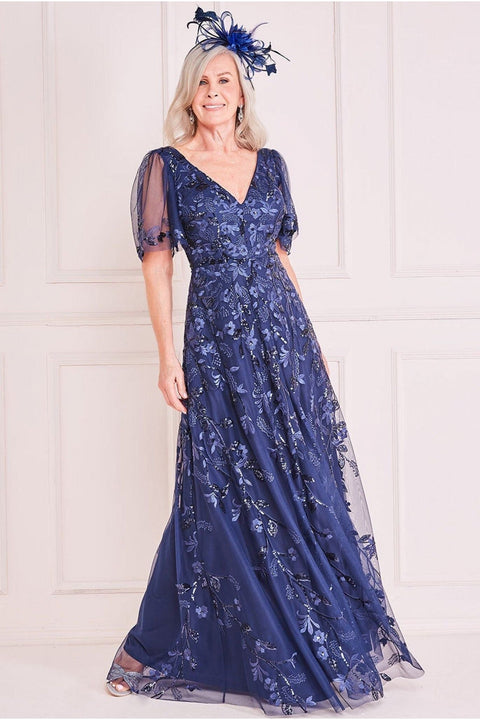 Goddiva Embroidered Flared Sleeve Maxi - Navy