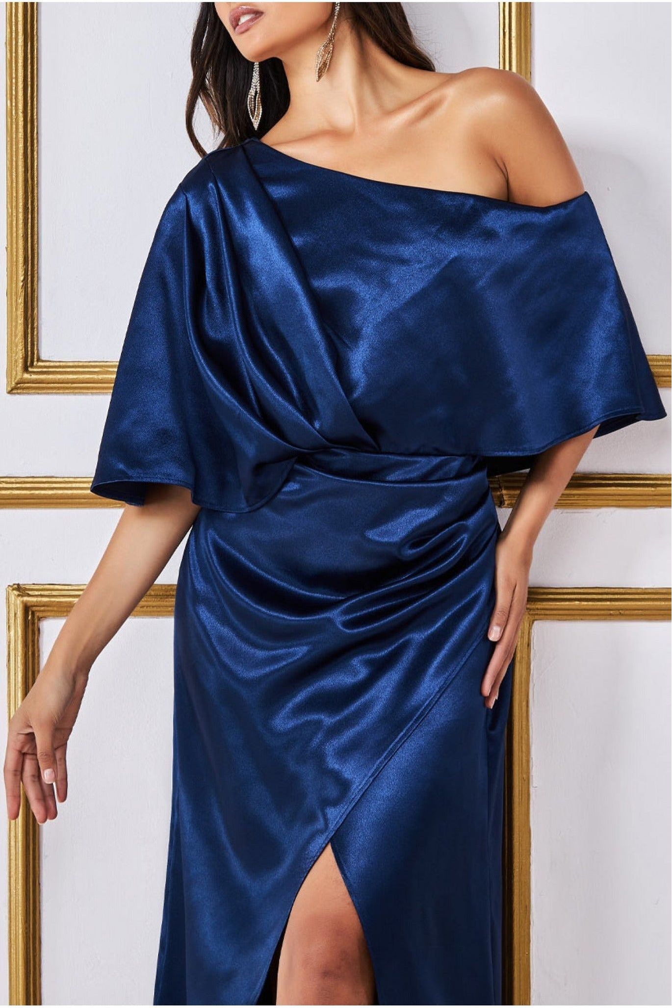 Goddiva Satin Drape Shoulder Wrap Maxi Dress - Navy