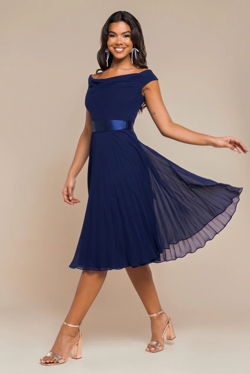 Goddiva Cowl Neck Pleated A-Line Chiffon Midi Dress - Navy Blue