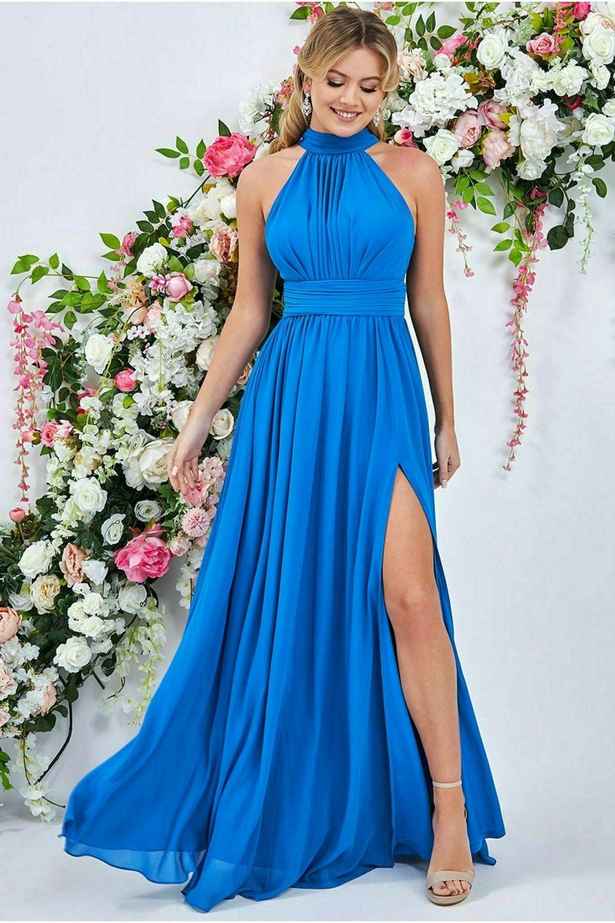 Goddiva Halterneck Chiffon Maxi With Thigh Split - Atlantic Blue