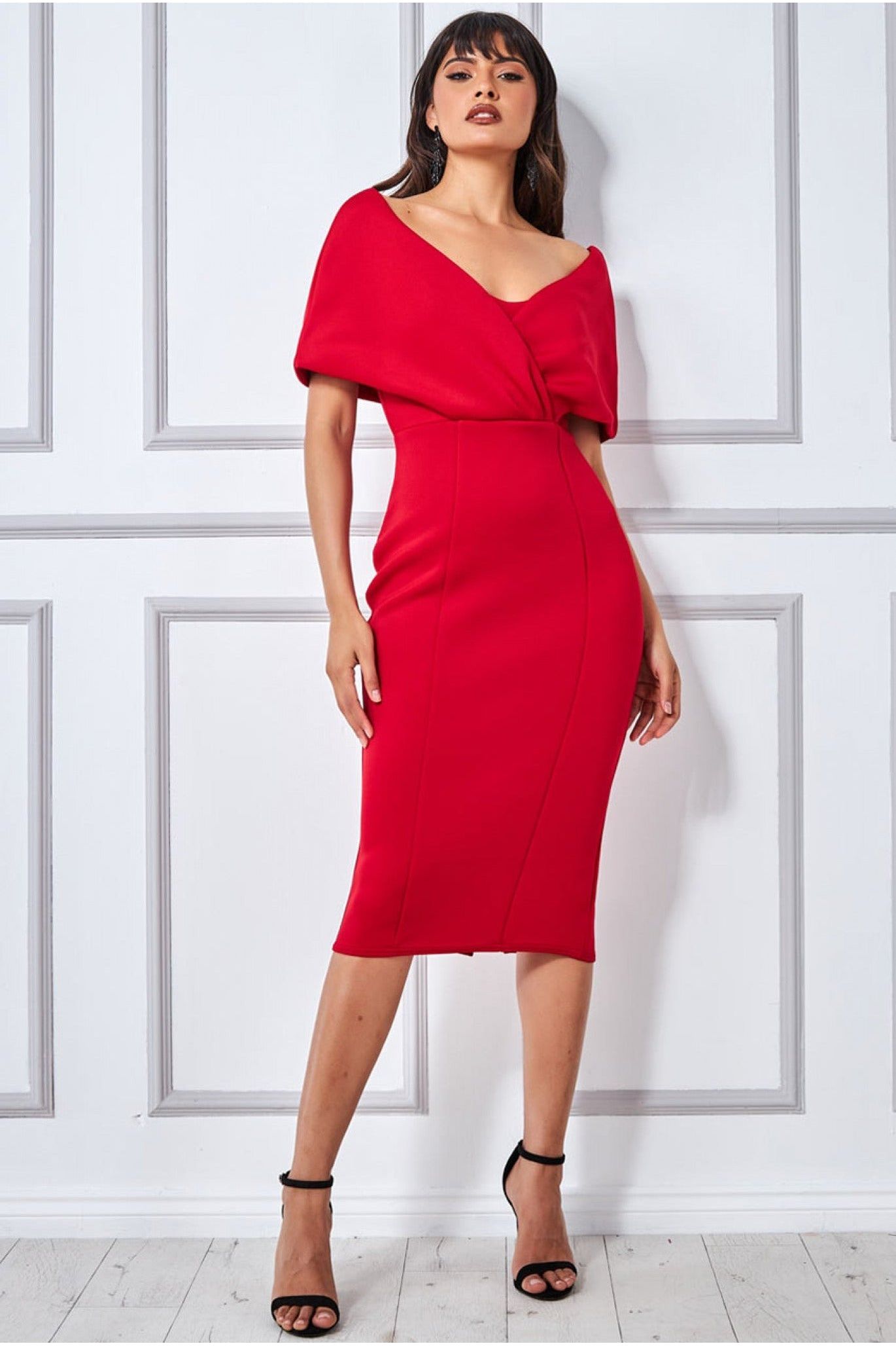 Goddiva Off The Shoulder Scuba Foam Midi Dress - Red