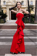 Goddiva Boobtube Peplum  Waterfall Frill Maxi Dress - Red