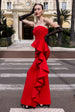 Goddiva Boobtube Peplum  Waterfall Frill Maxi Dress - Red