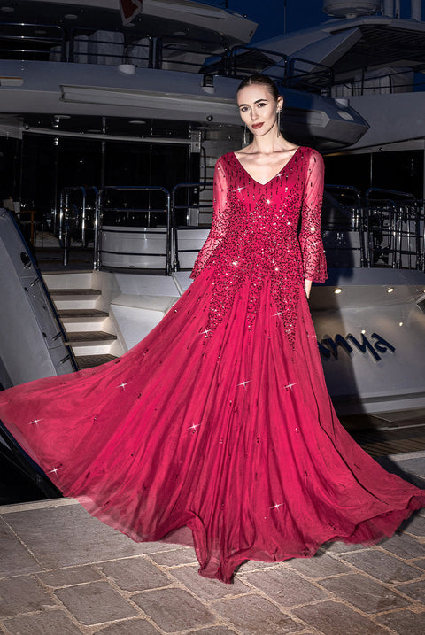Goddiva Sunray Hand Embellished Sequin A-Line Bell Sleeve Maxi Dress - Burgundy