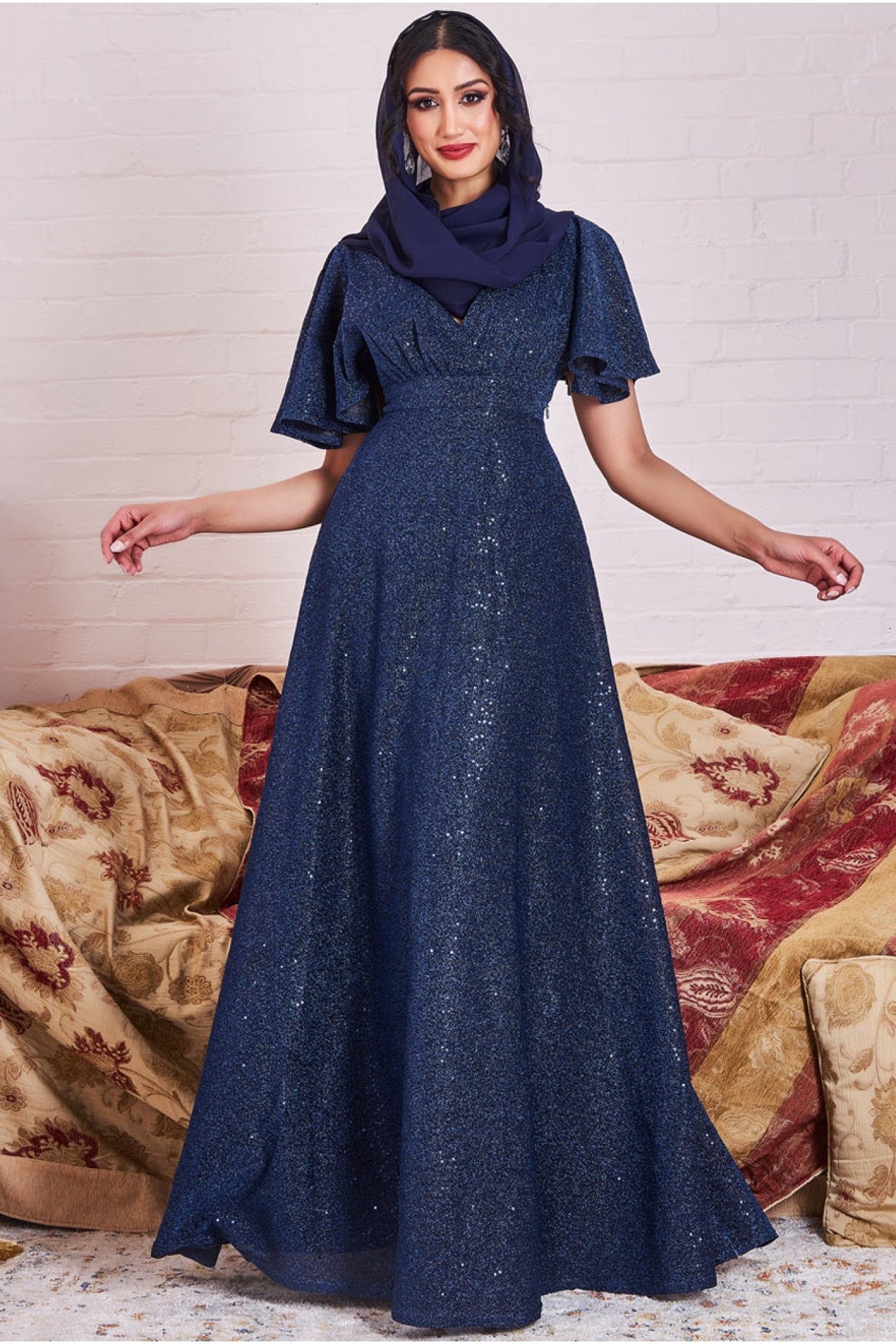 Goddiva Modesty Lurex Flutter Sleeve Maxi - Navy