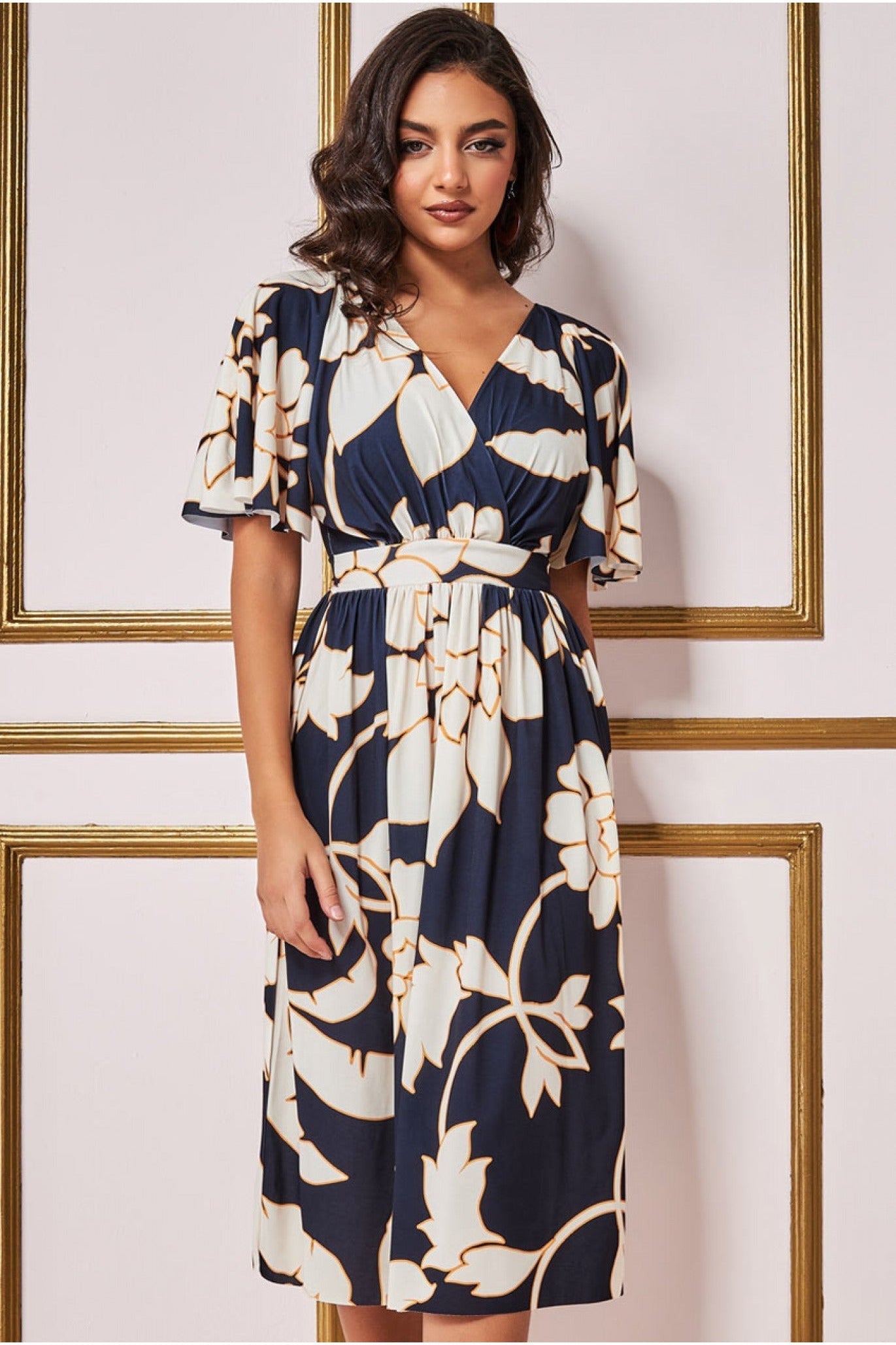 Goddiva Leaf Print Flutter Sleeve Midi - Navy