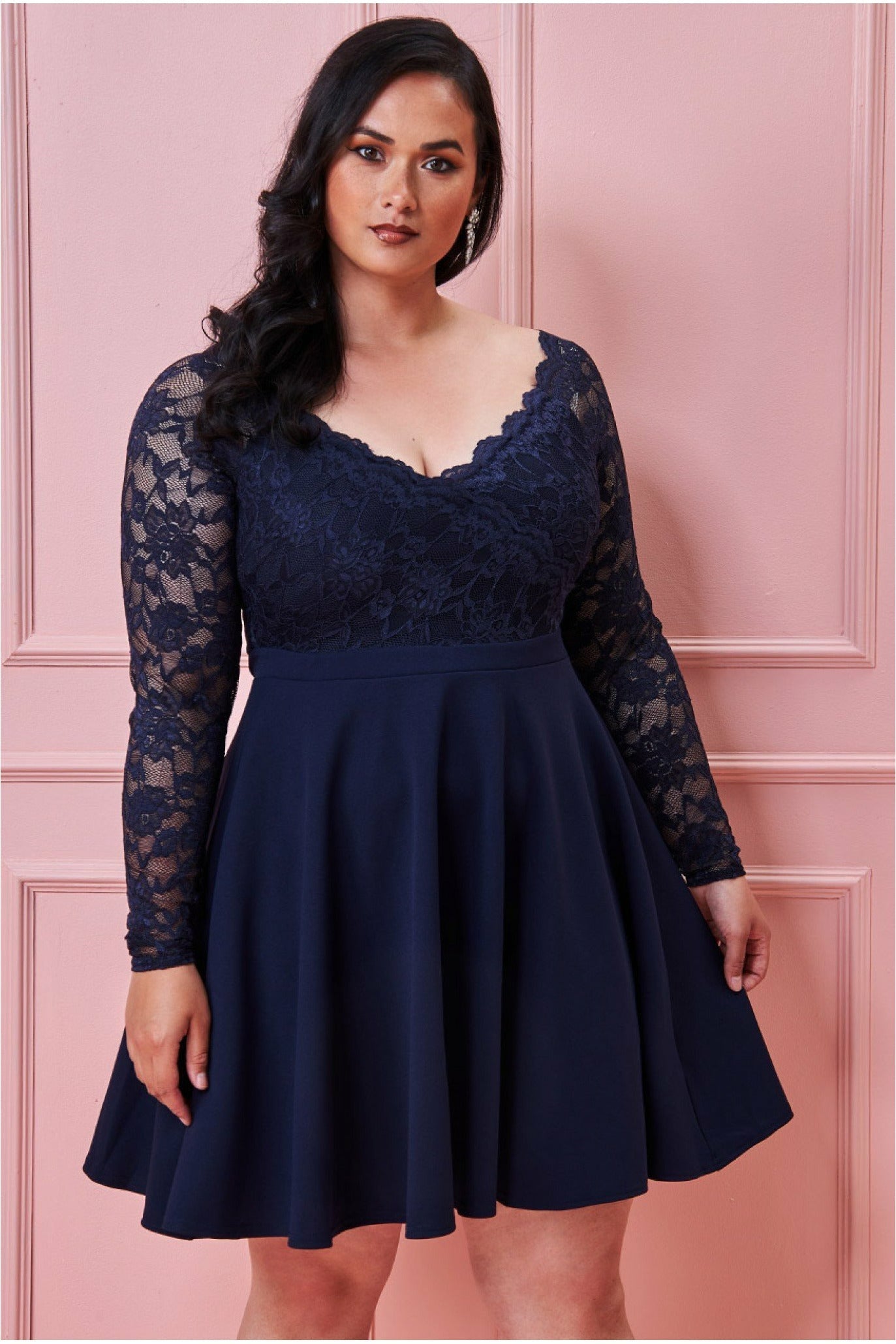 Goddiva Plus Off The Shoulder Lace Skater Dress - Navy