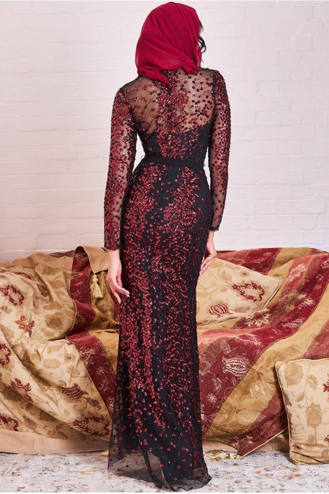 Goddiva Modesty Sequin Maxi Dress - Wine