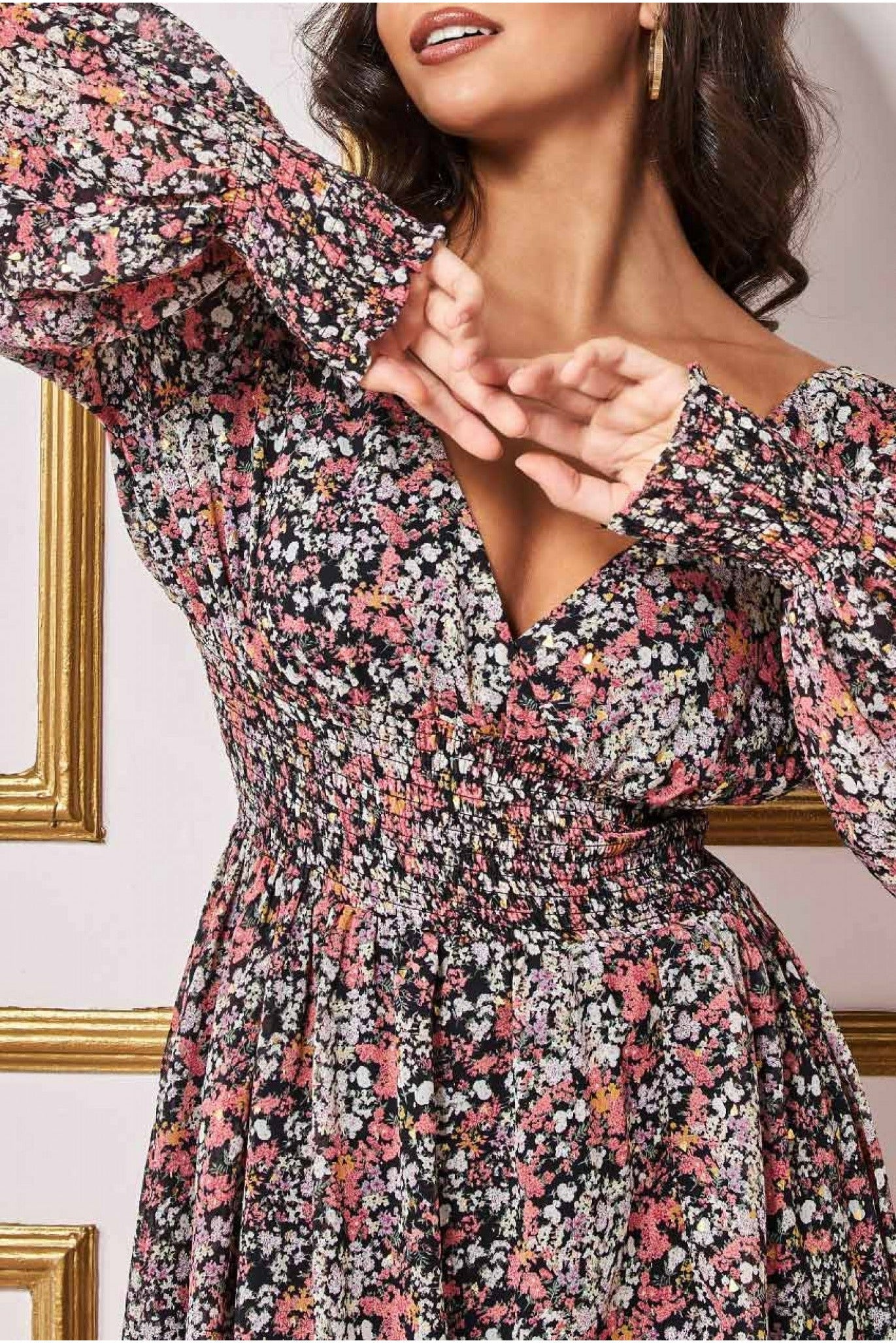 Goddiva Long Sleeve Midi Shirred Waistband - Floral Print