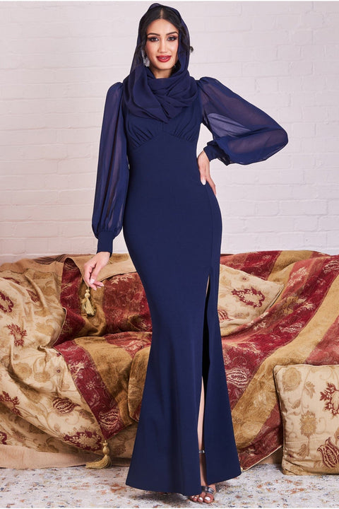 Goddiva Modesty Chiffon Thigh Split Maxi - Navy