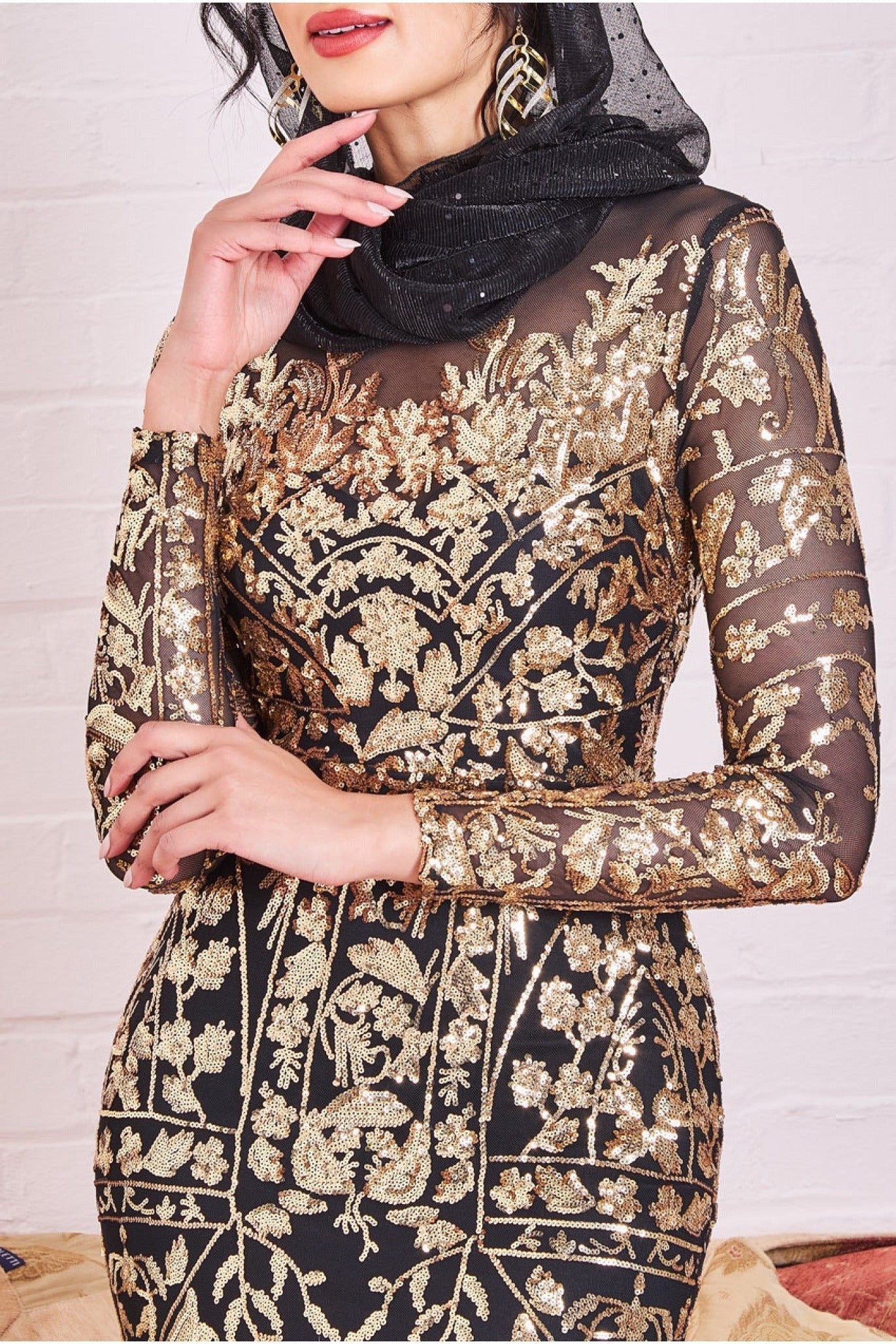 Goddiva Modesty Sequin Embroidered Maxi Dress - Gold