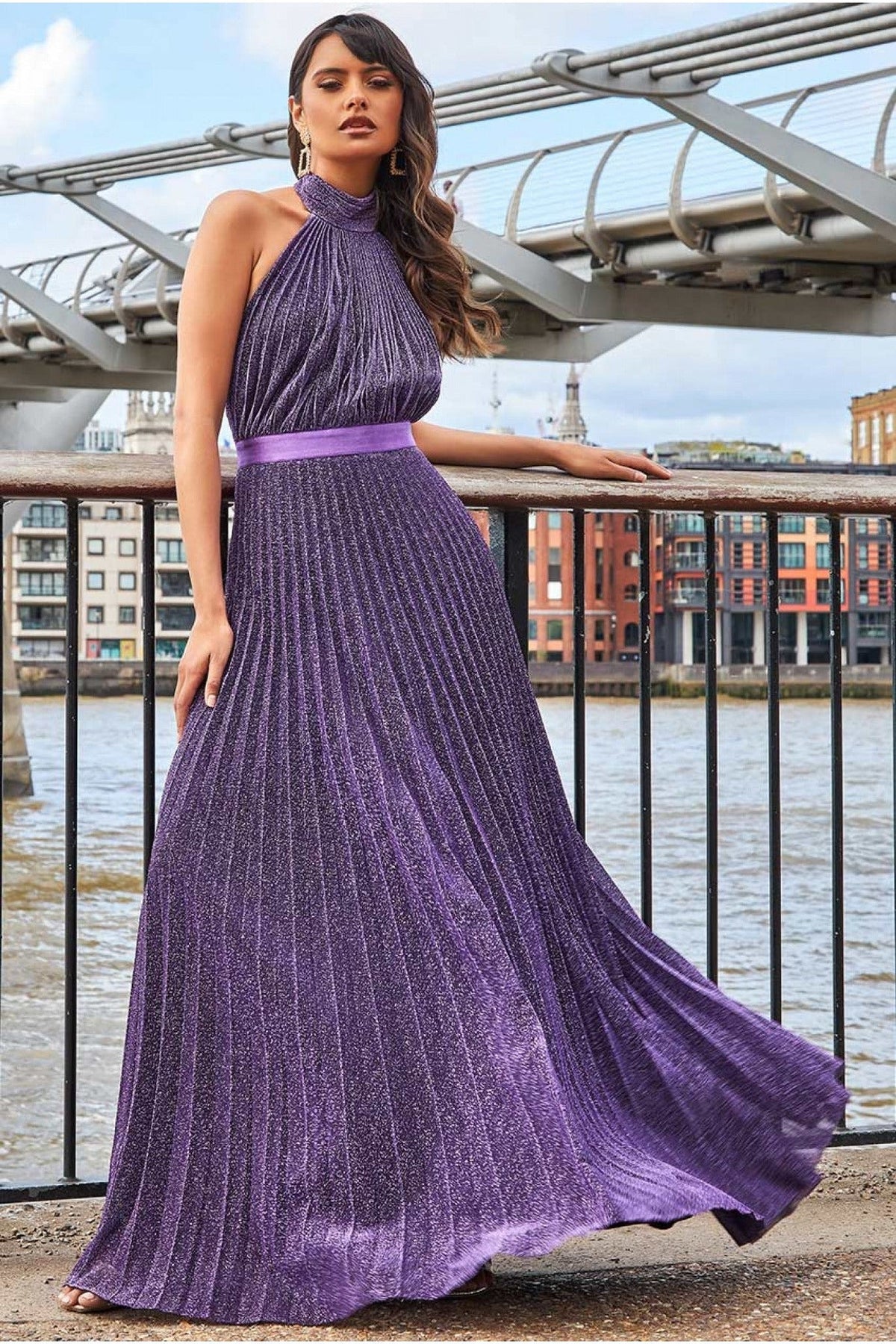 Goddiva Lurex Halterneck Pleated Maxi Dress - Purple