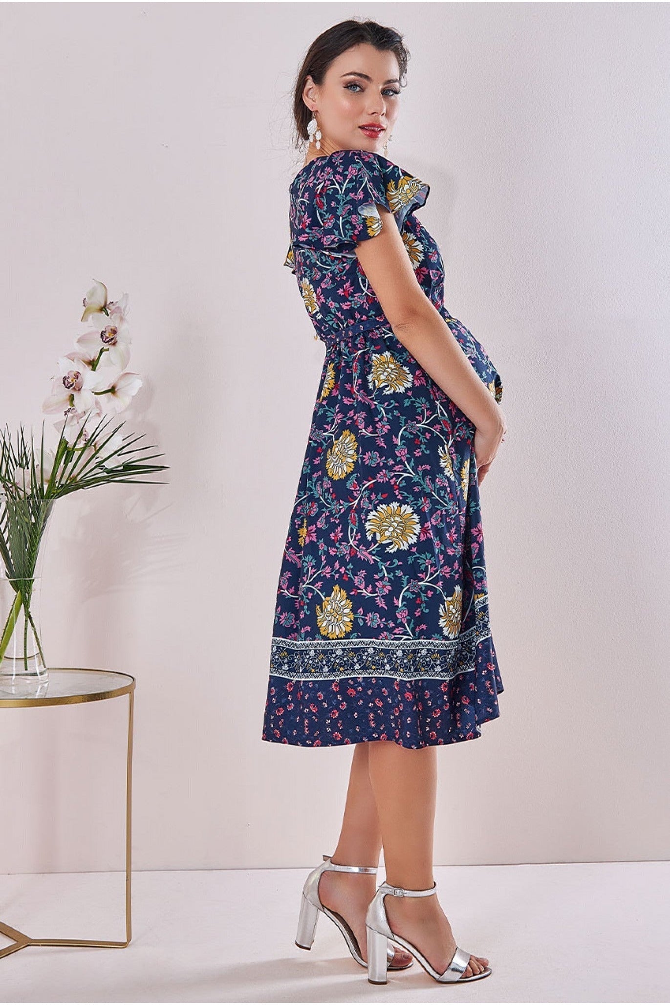 Goddiva Maternity Floral Print Midi Navy Print