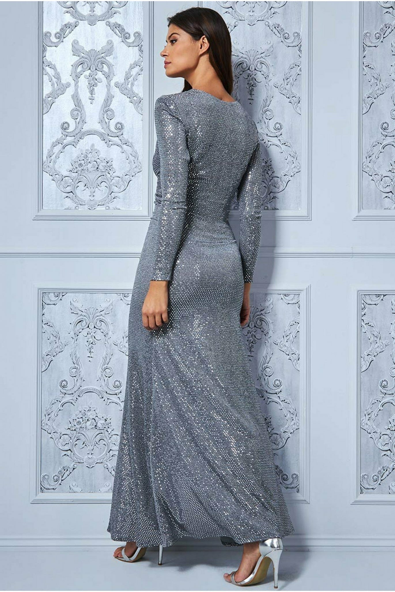 Goddiva Wrap Style Front Split Metallic Maxi Dress - Silver