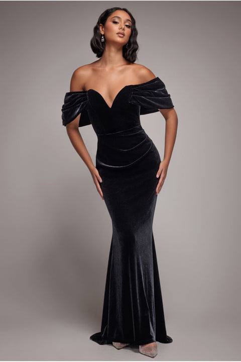 Goddiva Off The Shoulder Deep Plunge Velvet Maxi Dress - Black