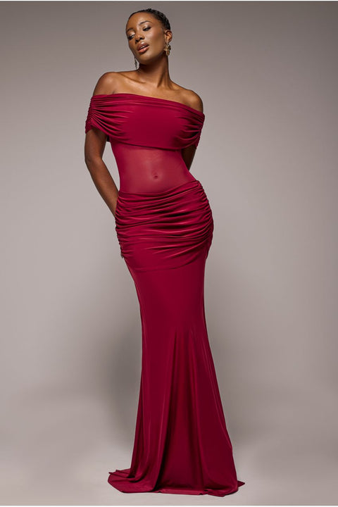 Goddiva Gathered Off The Shoulder Mesh Waist Panel Maxi Dress - Wine