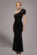 Goddiva One Shoulder Puffed Satin Sleeve Evening Maxi Dress - Black