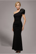 Goddiva One Shoulder Puffed Satin Sleeve Evening Maxi Dress - Black