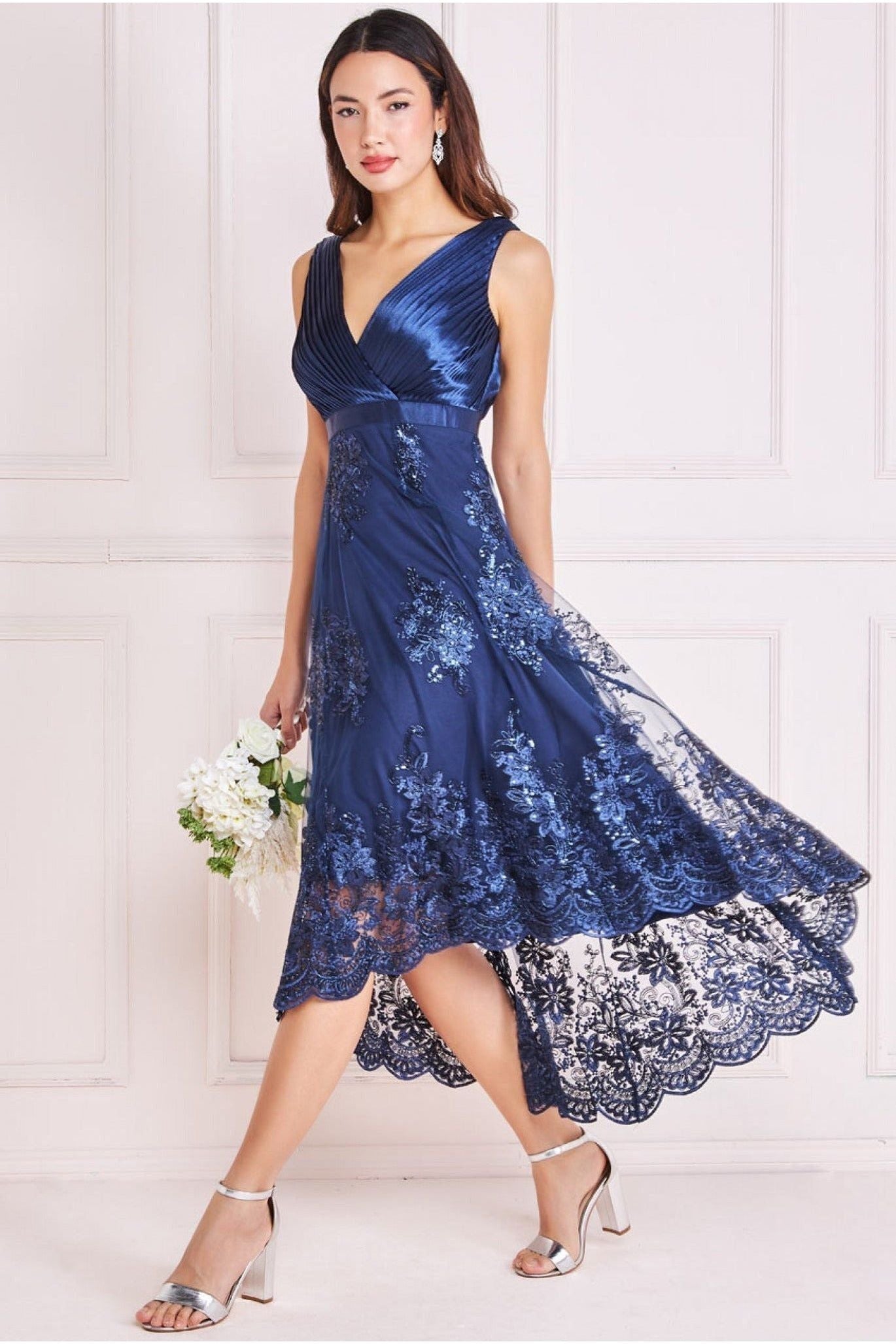 Goddiva Pleated Satin V Neck High And Low Midi - Navy