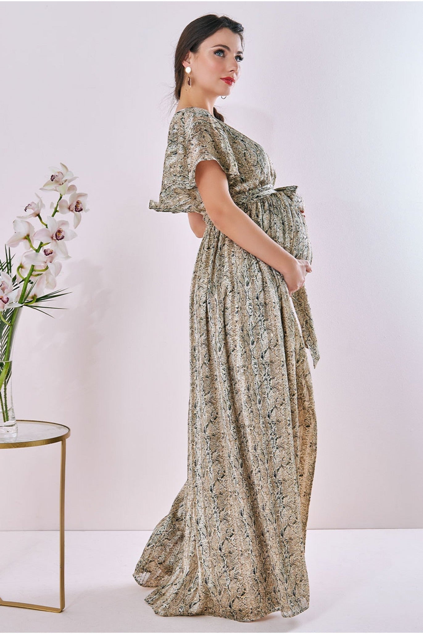 Goddiva Maternity Wrap Printed Chiffon Maxi Snake Print