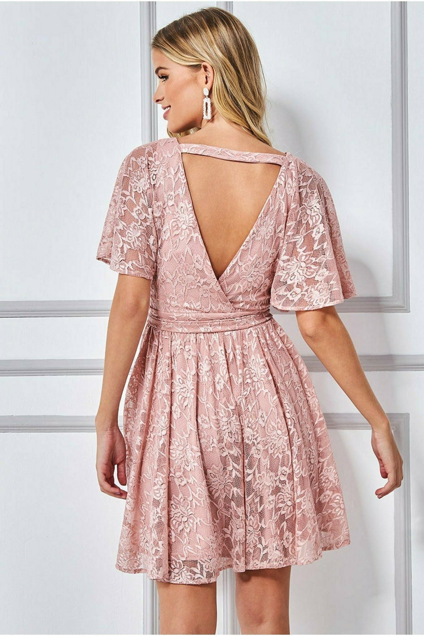 Goddiva Lace Kimono Wrap Skater Mini Dress - Blush