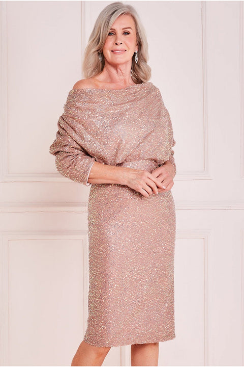 Goddiva Velvet & Sequin Cowl Midi Dress - Nude