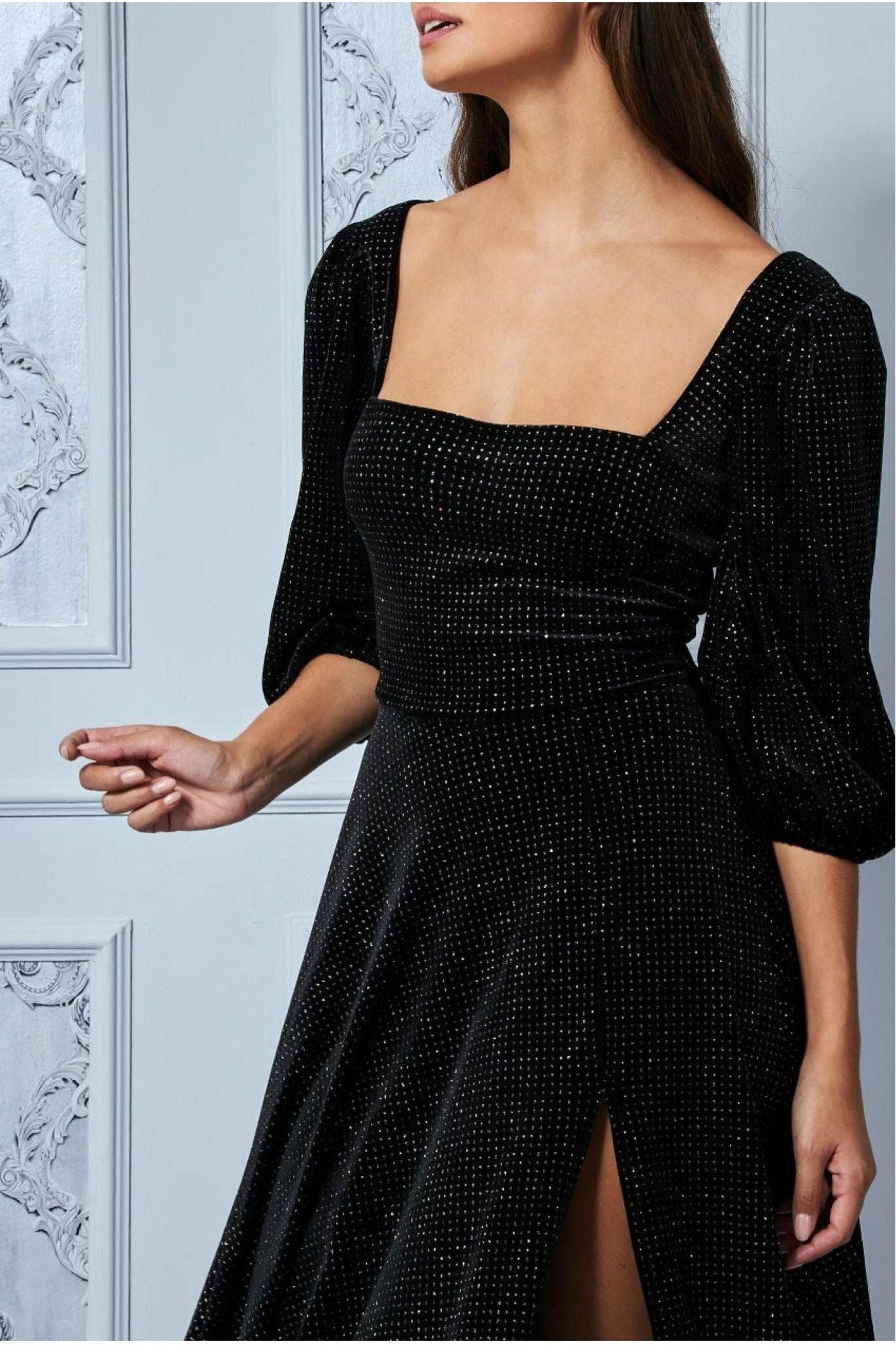 Goddiva Velvet Sparkle Midi Dress With Front Split - Black