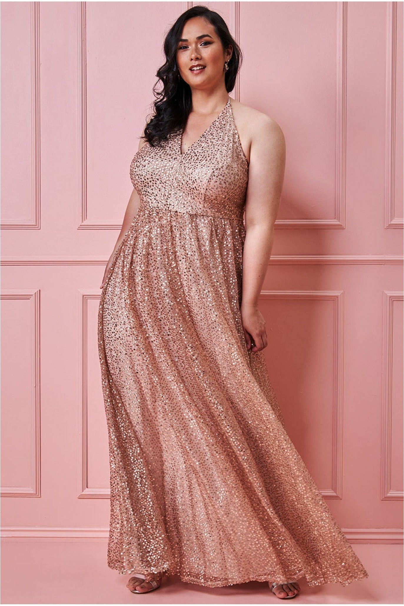 Goddiva Plus Sequin & Mesh Halter Neck Maxi - Champagne