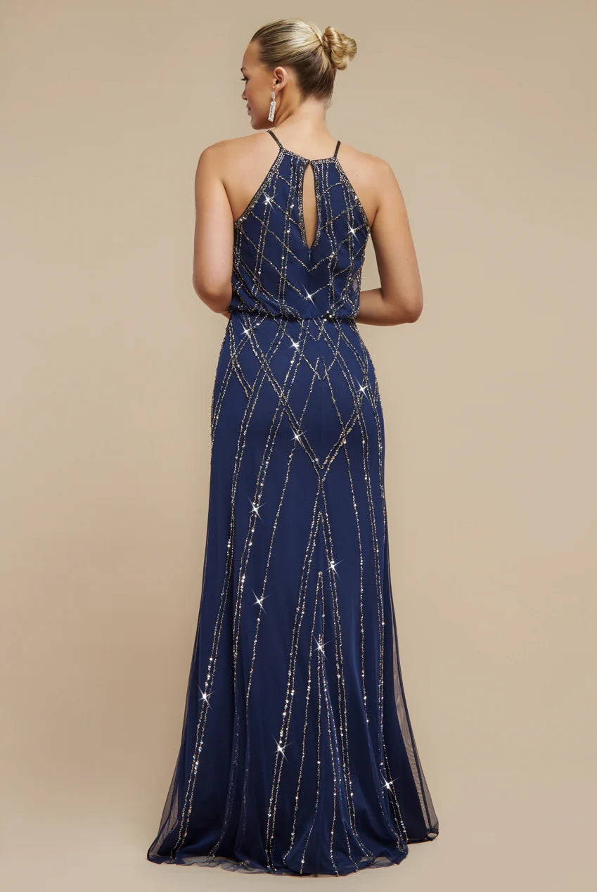 Goddiva Racer Neck Sleeveless Hand Embellished Sequin Maxi Dress - Navy Blue