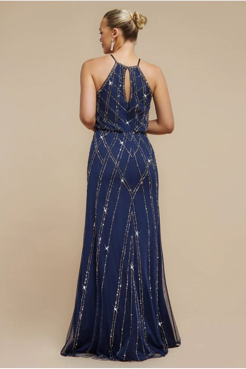 Goddiva Racer Neck Sleeveless Hand Embellished Sequin Maxi Dress - Navy Blue