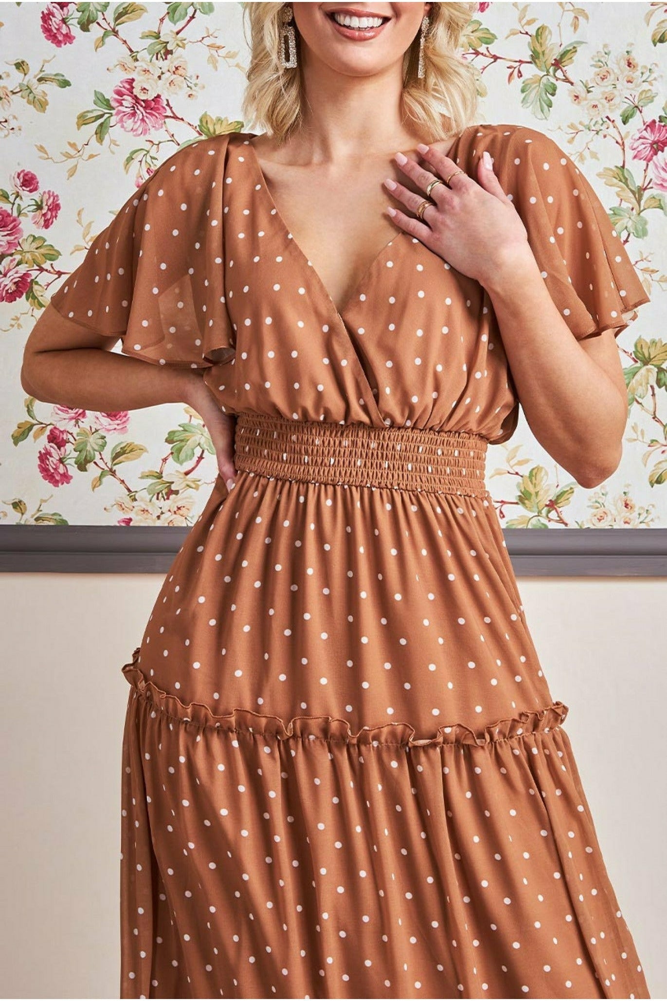 Goddiva Polka Dot Tiered Chiffon Maxi Dress - Brown