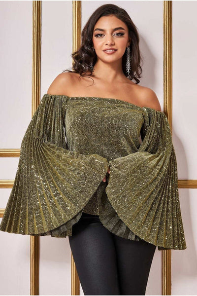 Gold - Goddiva Sequin Lurex Bardot Pleated Sleeve Top - Gold