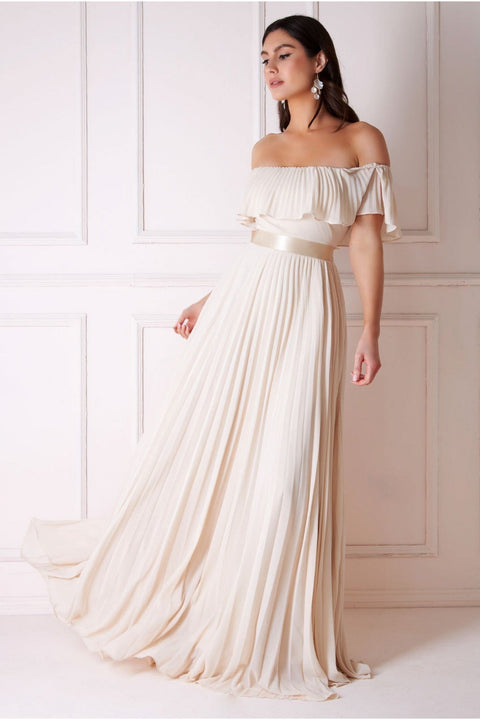 Goddiva Pleated Chiffon Off Shoulder Maxi Dress - Ivory