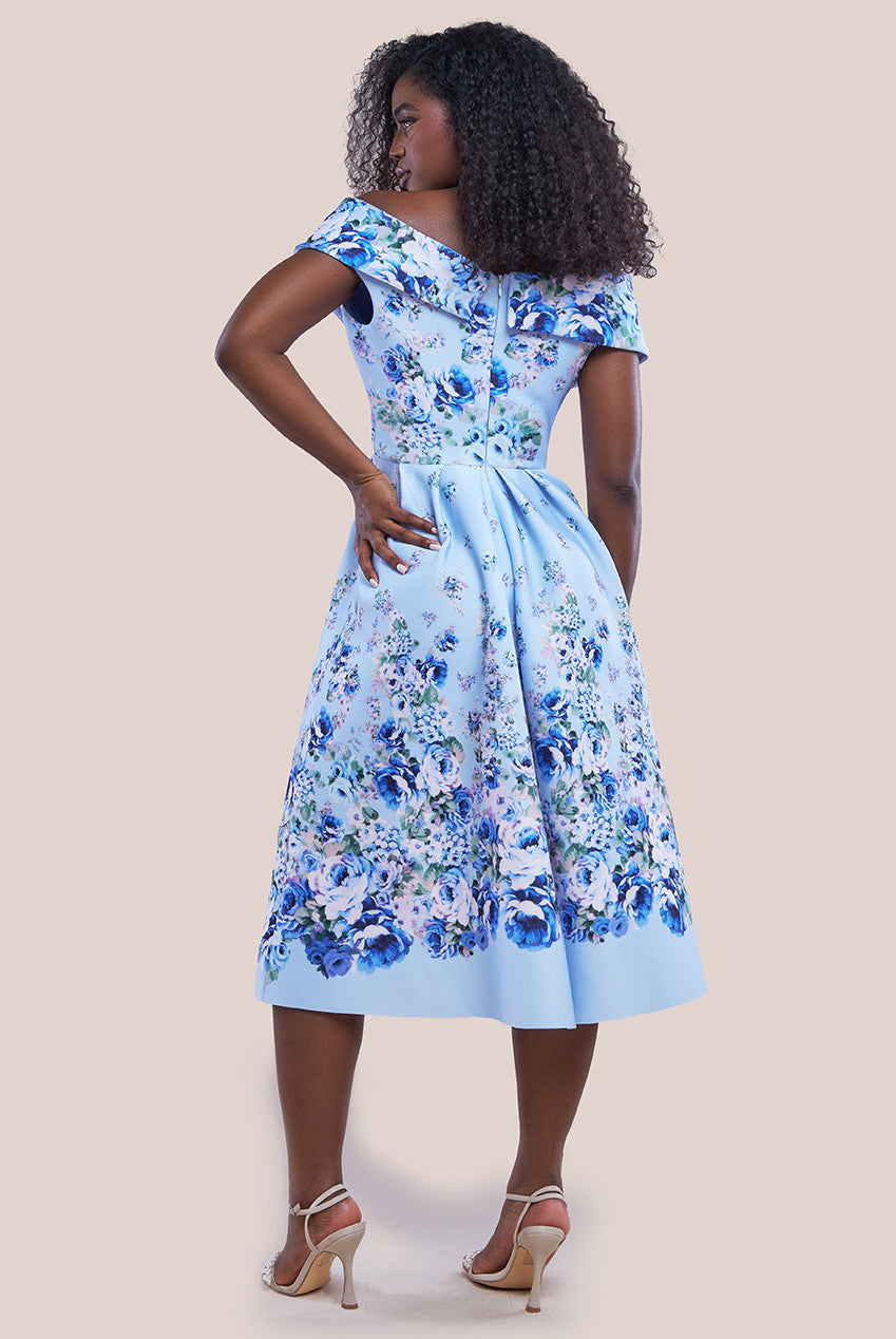 Goddiva Bardot Floral Print A-Line Scuba Foam Midi Dress - Blue