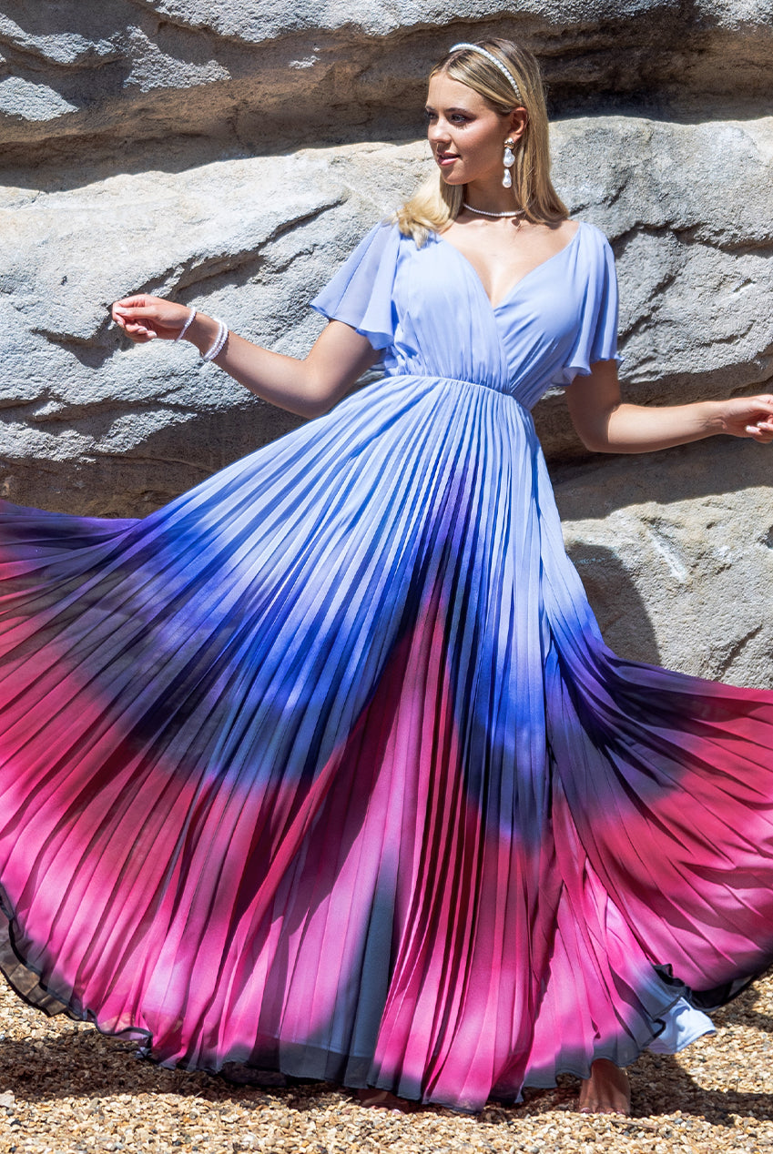 Goddiva Wavy Ombre A-Line Chiffon Maxi Dress - Blue