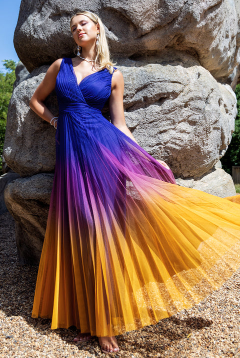 Goddiva Sleeveless Ombre Pleated Maxi Dress - Navy Ombre