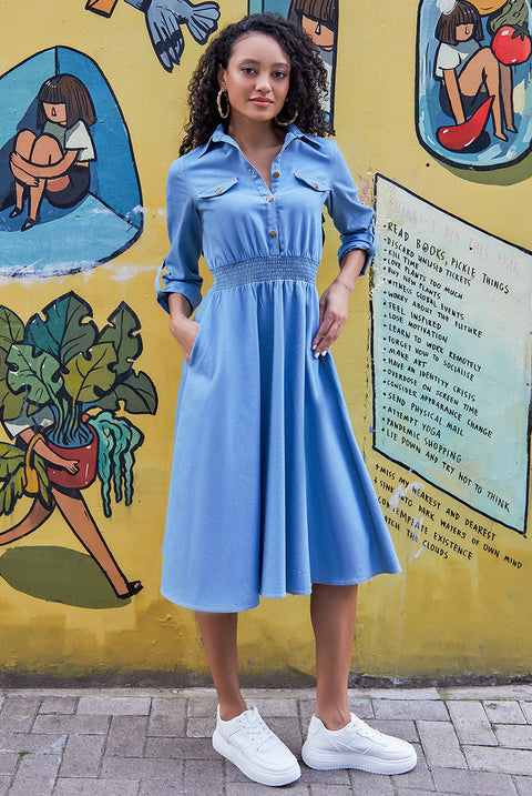 Goddiva Denim Flared Midi Shirt Dress - Sky Denim