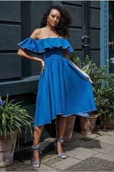 BlueDenim - Goddiva Denim Frilled Bardot High Low Dress - Blue Denim