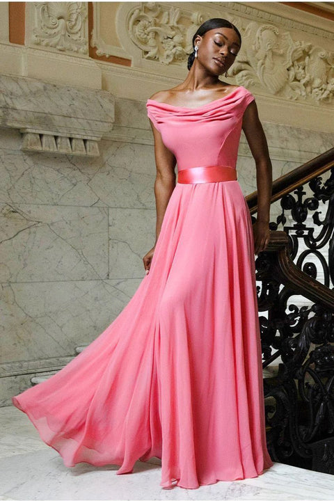 Goddiva Cowl Neck A-Line Chiffon Maxi Dress - Coral
