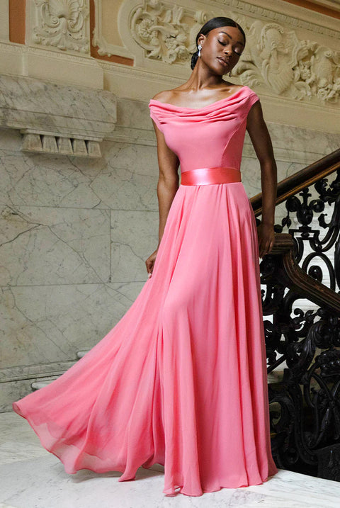 Goddiva Cowl Neck A-Line Chiffon Maxi Dress - Coral