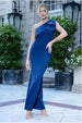 Goddiva One Shoulder Satin Bow Scuba Crepe Maxi Dress - Navy