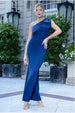Goddiva One Shoulder Satin Bow Scuba Crepe Maxi Dress - Navy