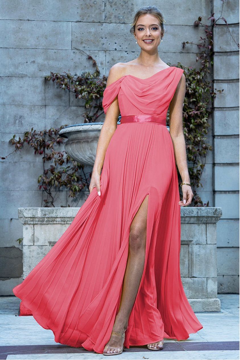 Goddiva Cowl Neck One Shoulder A Line Chiffon Maxi Dress - Coral Goddiva Cowl Neck One Shoulder A Line Chiffon Maxi Dress - Coral