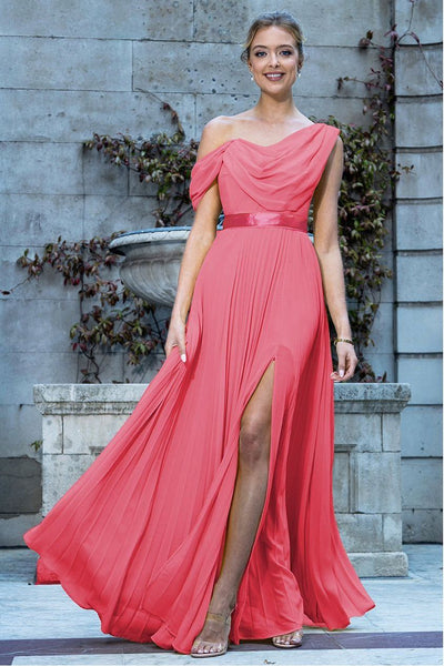 Coral - Goddiva Cowl Neck One Shoulder A Line Chiffon Maxi Dress - Coral
