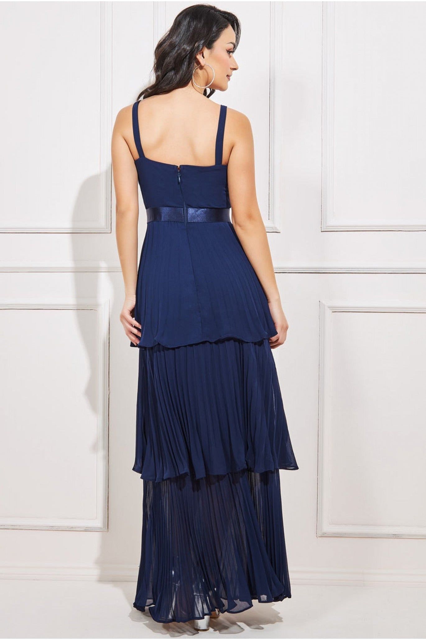 Goddiva Pleated Chiffon Tiered Maxi Dress - Navy