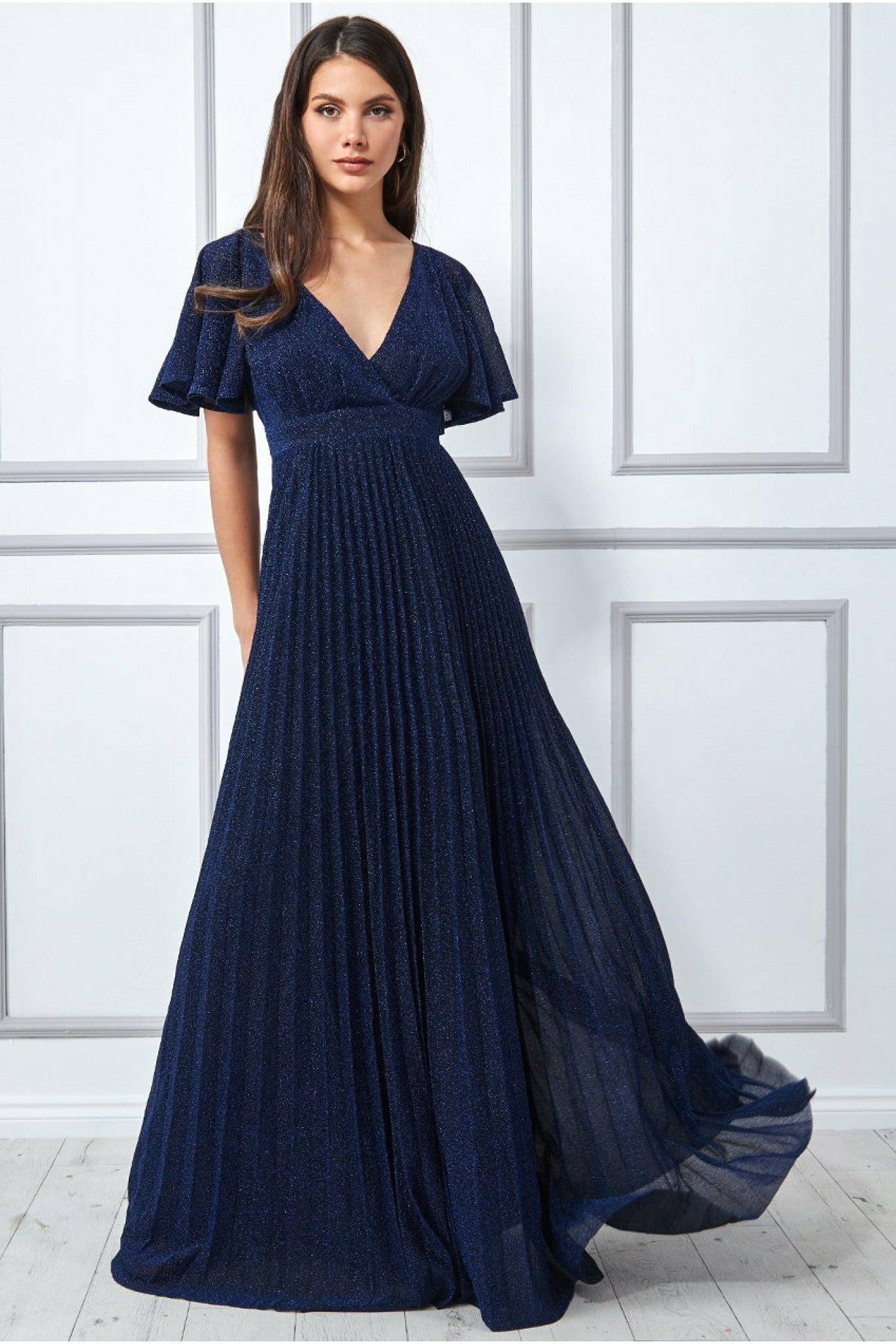 Goddiva Lurex Pleated Maxi Dress - Navy