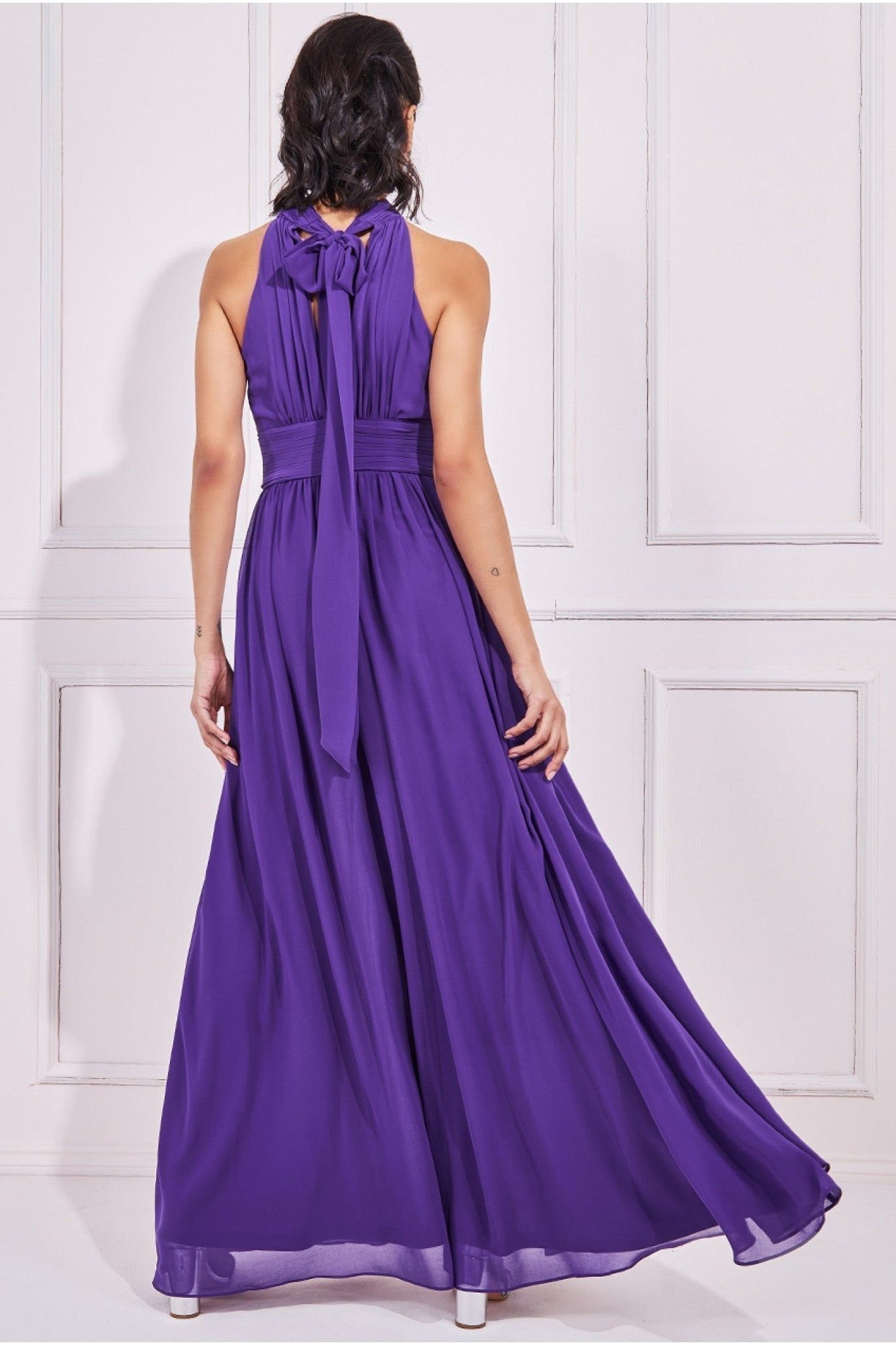 Goddiva Halterneck Chiffon Maxi With Thigh Split - Purple