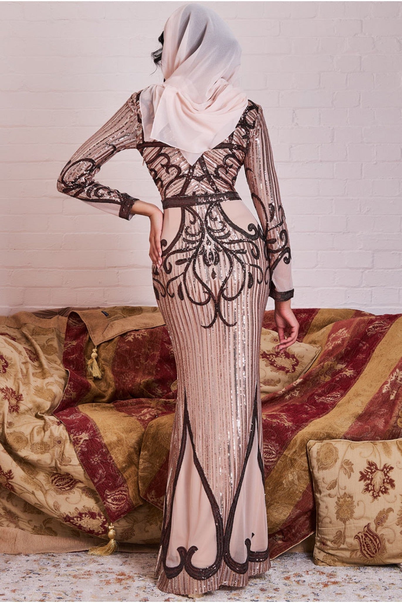 Goddiva Modesty Sequin & Mesh Maxi Dress - Champagne